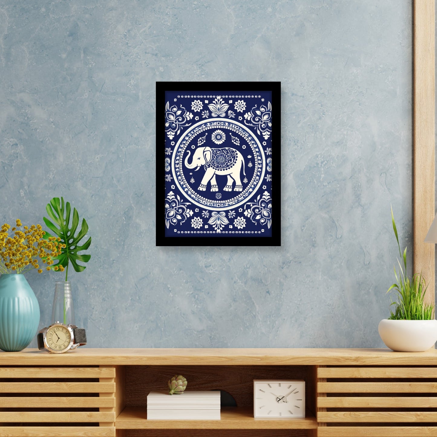 Blue Elephant with Flowers – Kalamkari Art Wall Decor