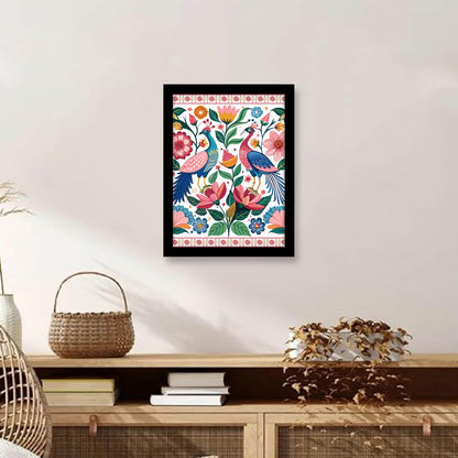 Peacock and Pink Flowers Floral Indian Kalamkari Art Paint