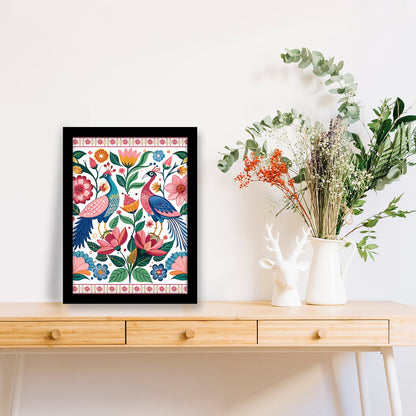 Peacock and Pink Flowers Floral Indian Kalamkari Art Paint