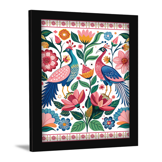 Peacock and Pink Flowers Floral Indian Kalamkari Art Paint
