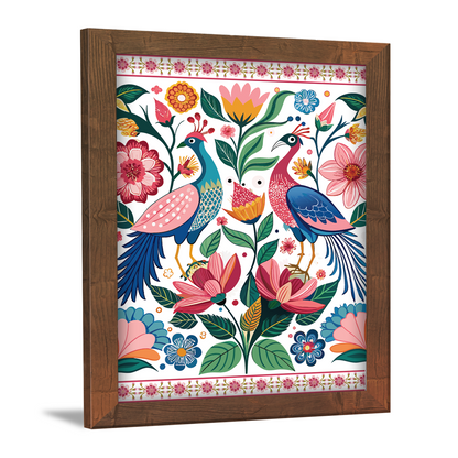 Peacock and Pink Flowers Floral Indian Kalamkari Art Paint