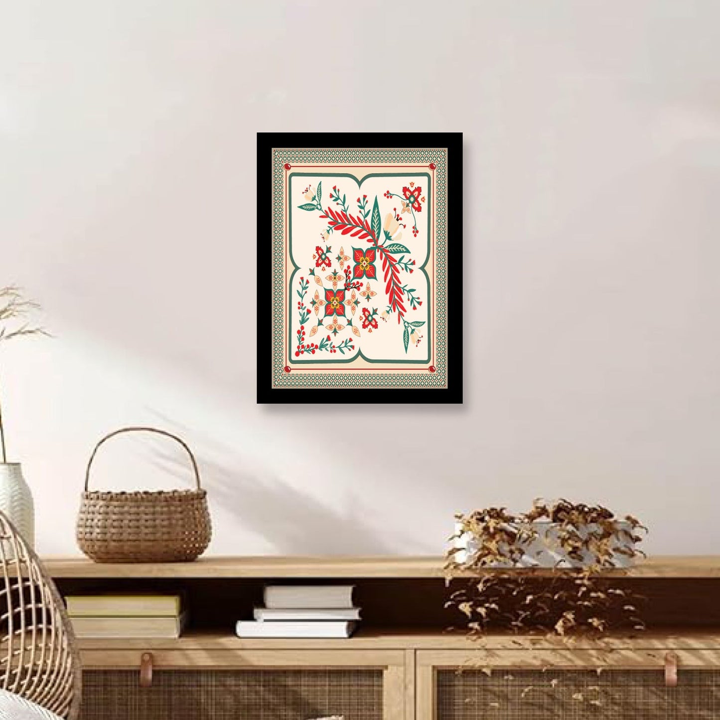 Abstract Squares with Floral Motifs Kalamkari Wall Art