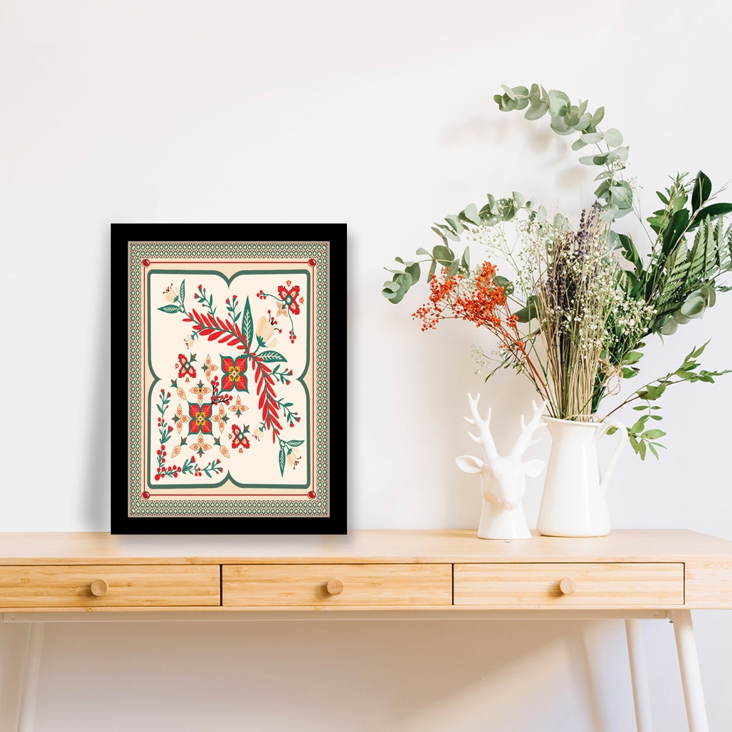 Abstract Squares with Floral Motifs Kalamkari Wall Art