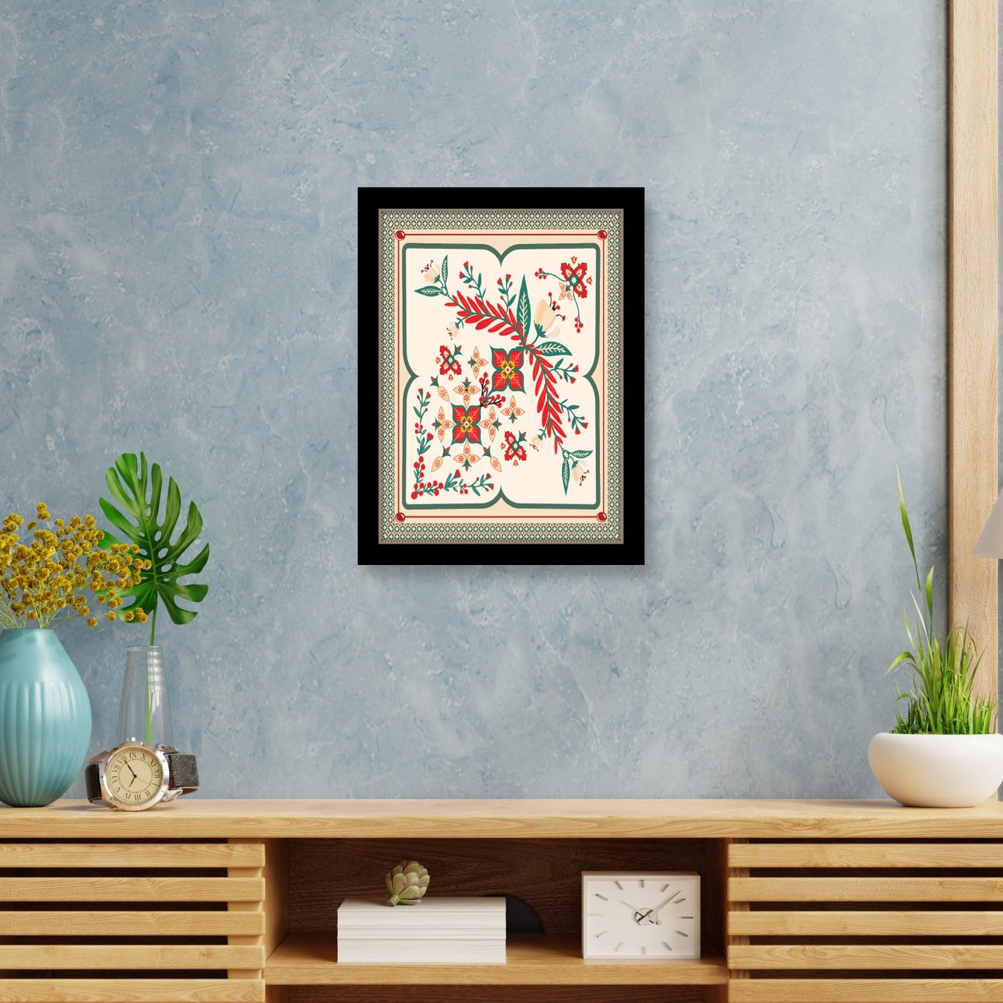 Abstract Squares with Floral Motifs Kalamkari Wall Art