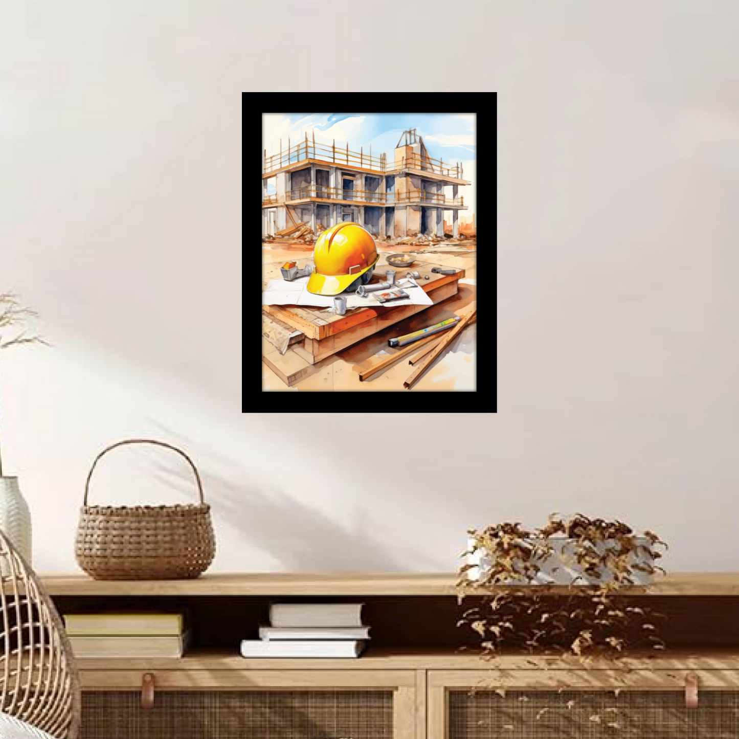 Construction Site with Helmet & Tools – Framed Artwork & Wall Decor