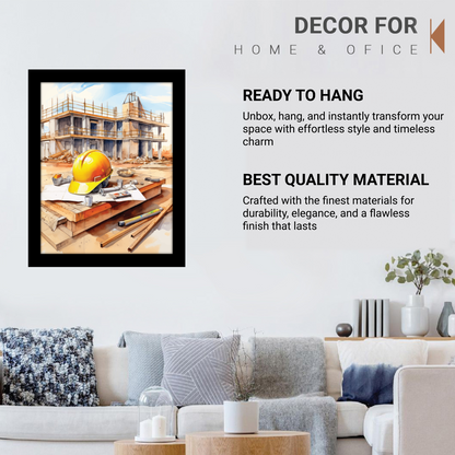 Construction Site with Helmet & Tools – Framed Artwork & Wall Decor
