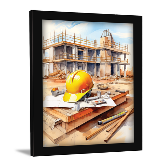 Construction Site with Helmet & Tools – Framed Artwork & Wall Decor