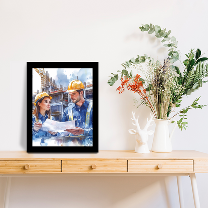 On-Site Strategy: Male & Female Engineers in Action – Frame & Wall Art