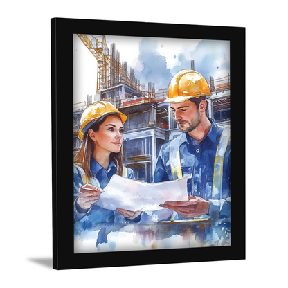 On-Site Strategy: Male & Female Engineers in Action – Frame & Wall Art