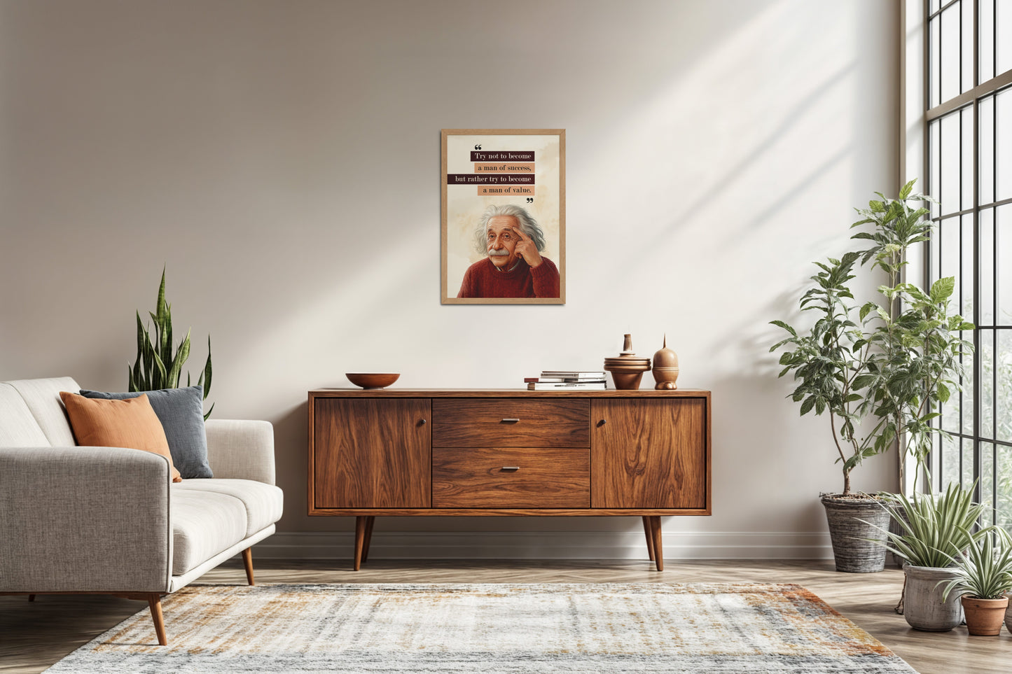Living Room Sofa Preview of Be a Man of Value – Albert Einstein Motivational Frame in Natrual Color Frame