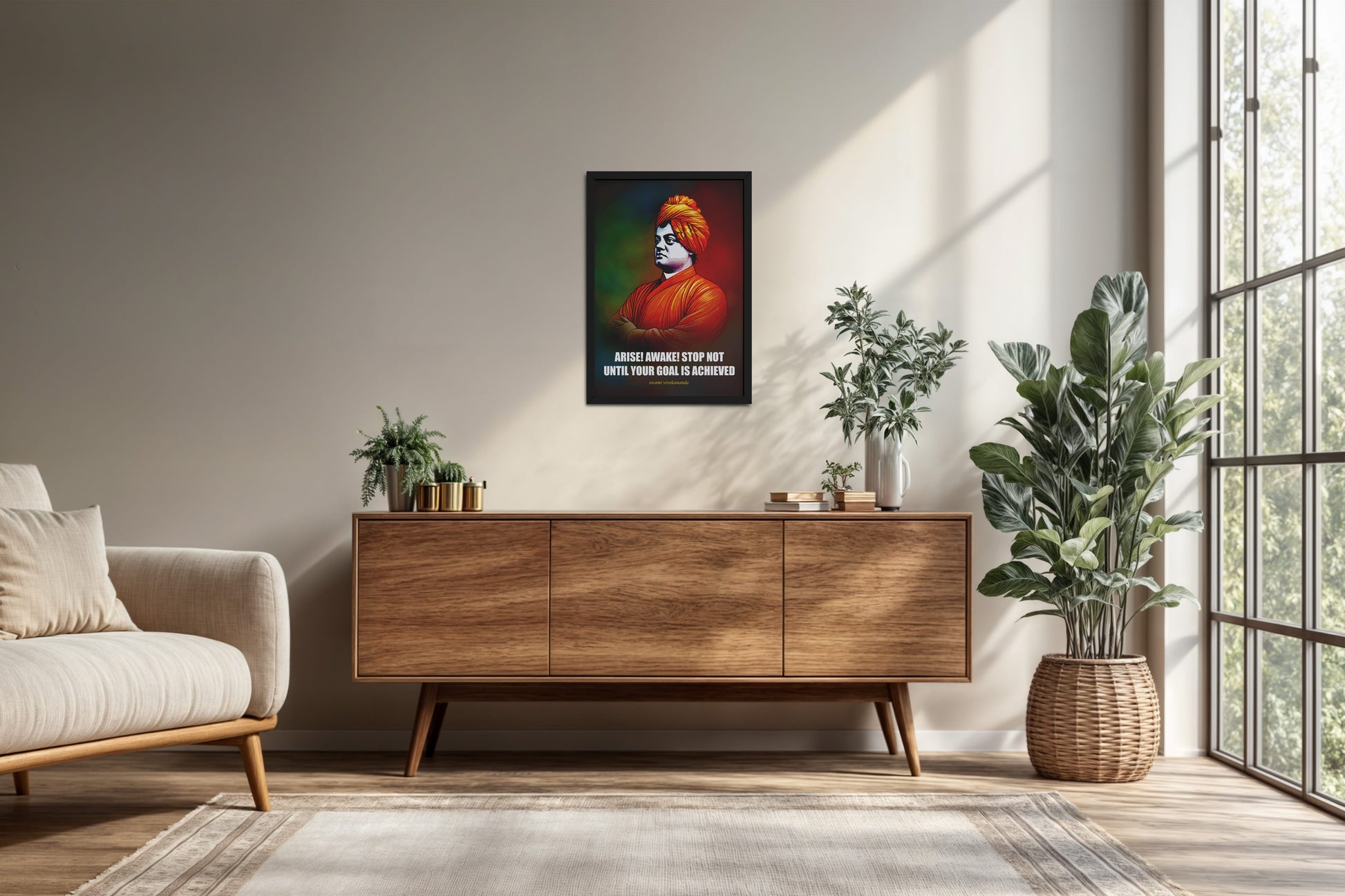 Living Room Cabinet Preview of Chase Your Goal – Swami Vivekananda Quote Decor in Black Color Frame