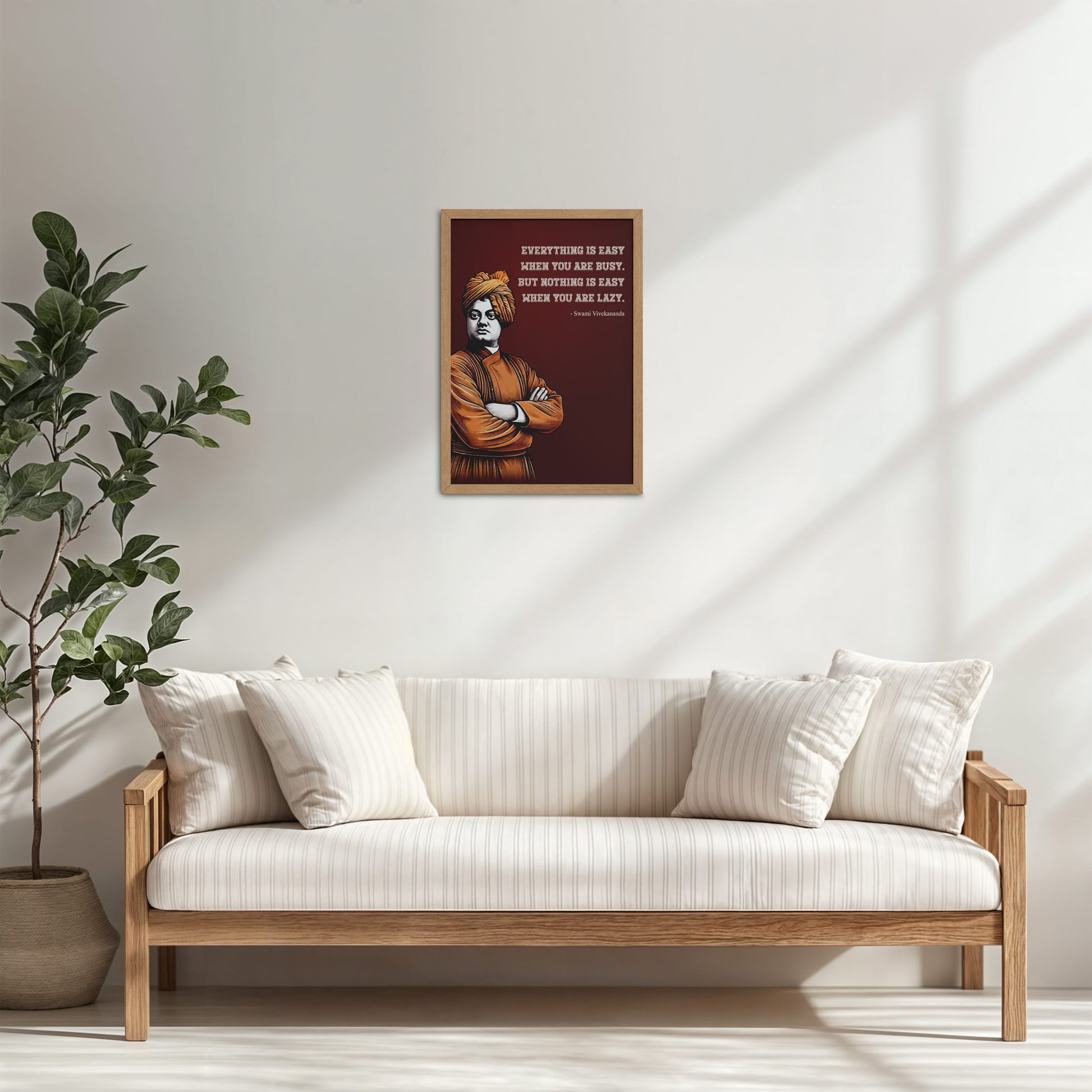 Living Room Cabinet Table Preview of Busy Mind, Easy Life – Swami Vivekananda Quote Frame in Natrual Color Frame