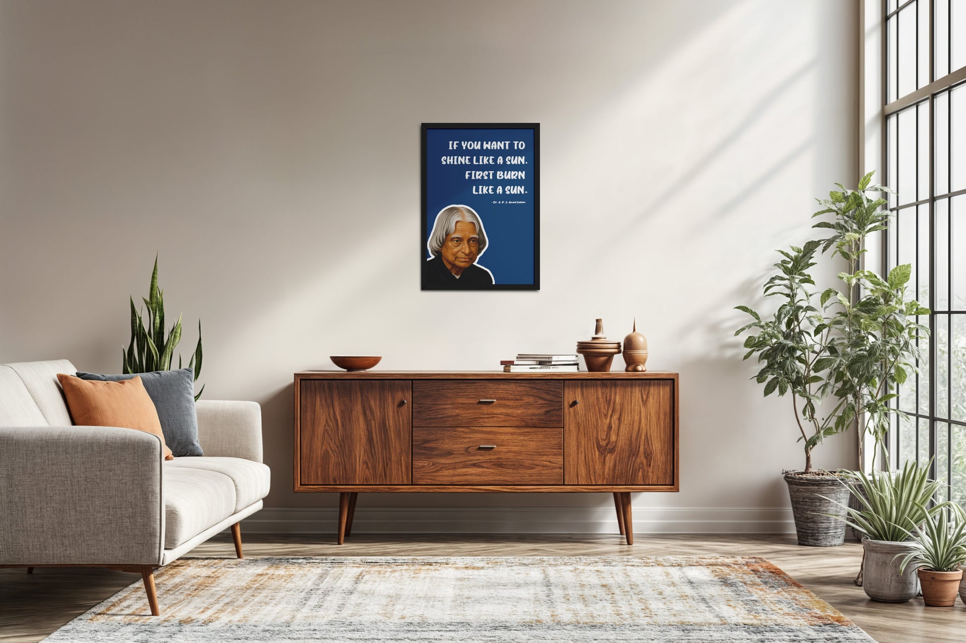 Living Room Sofa Preview of Shine Through Struggle – A.P.J. Abdul Kalam Quote Wall Art in Black Color Frame