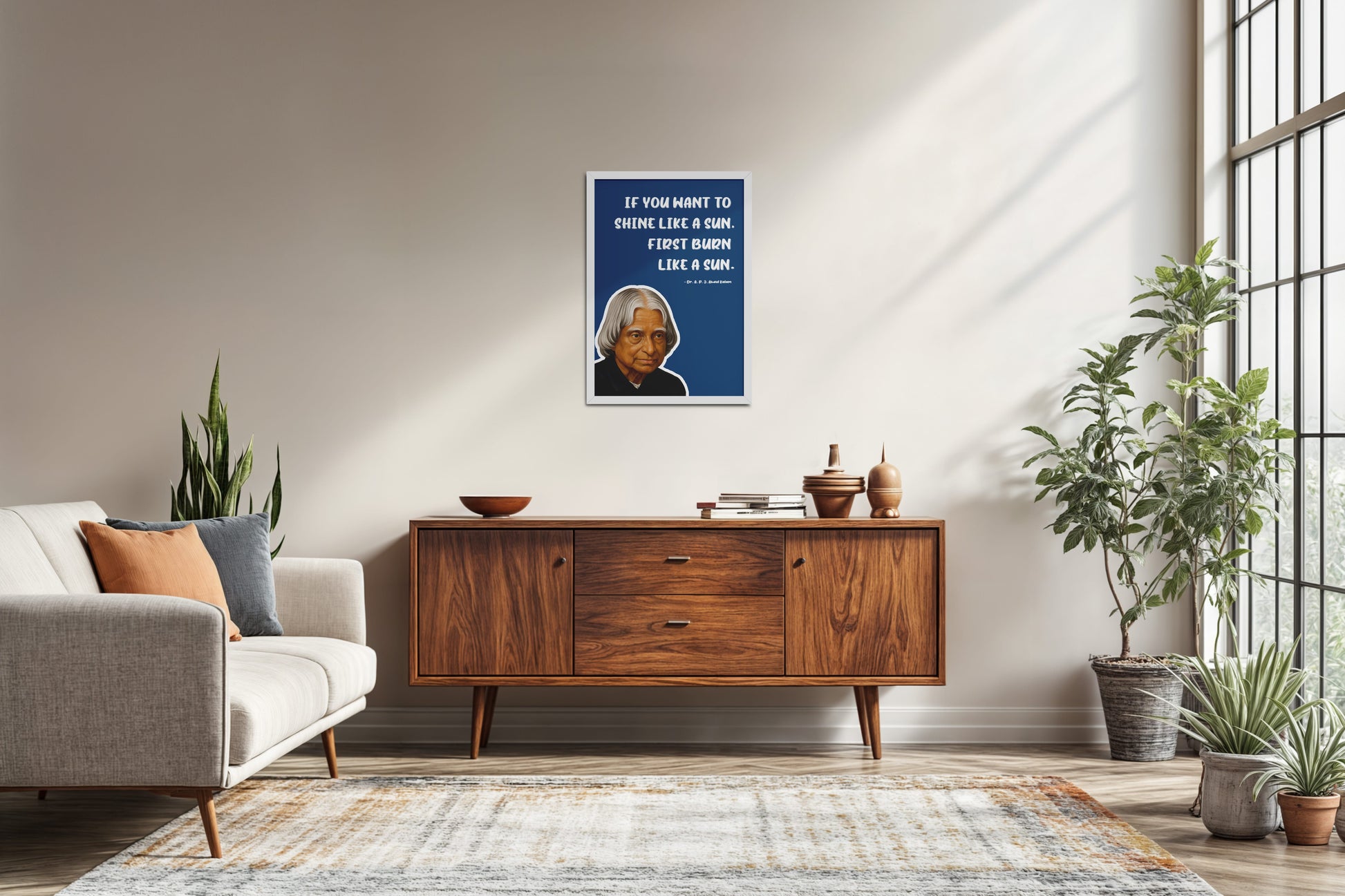 Living Room Sofa Preview of Shine Through Struggle – A.P.J. Abdul Kalam Quote Wall Art in White Color Frame