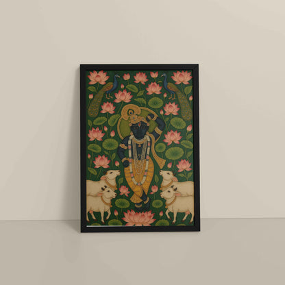 Floor View of Lotus Leela – Shrinathji in Traditional Pichwai Art in Black Color Frame