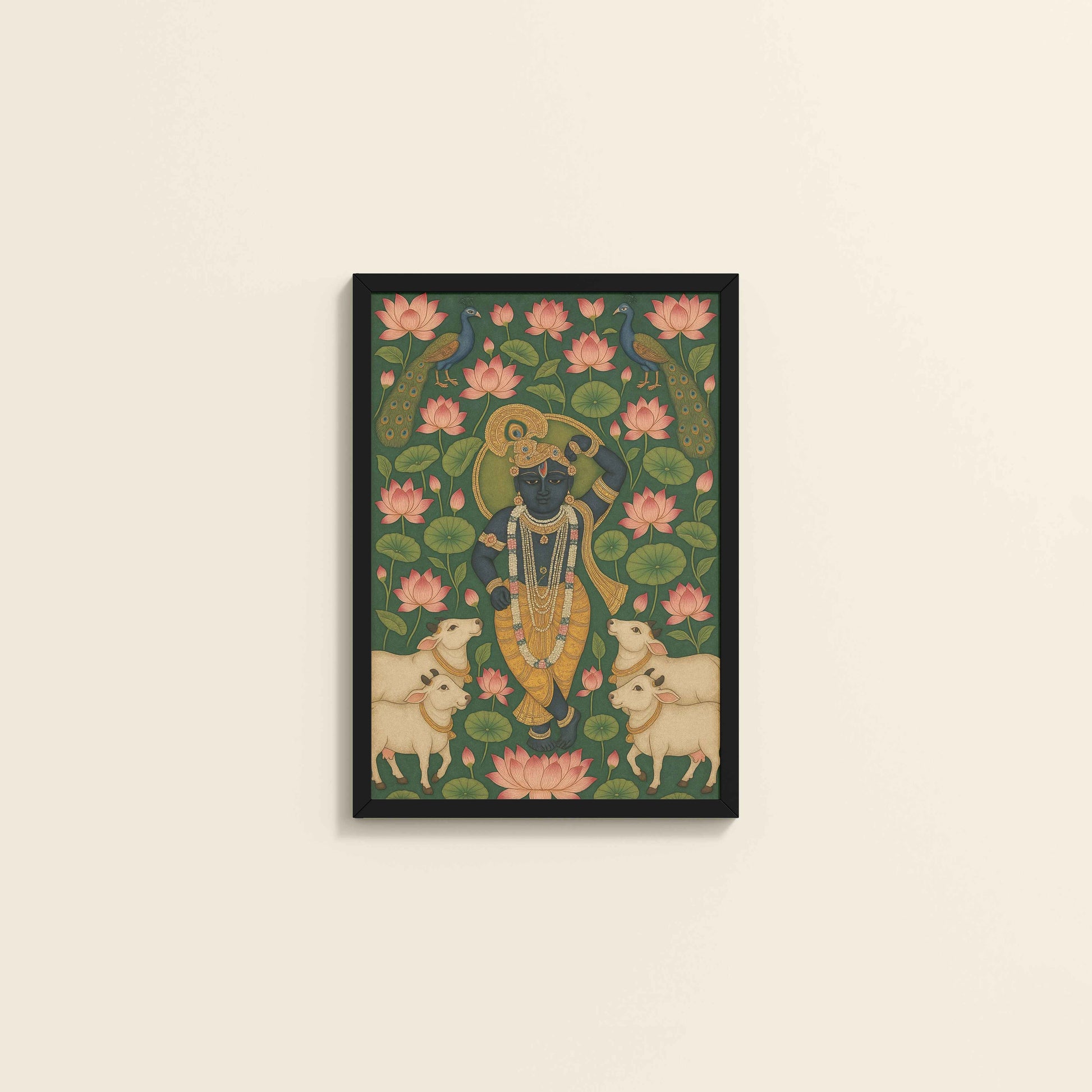 Wall View of Lotus Leela – Shrinathji in Traditional Pichwai Art in Black Color Frame