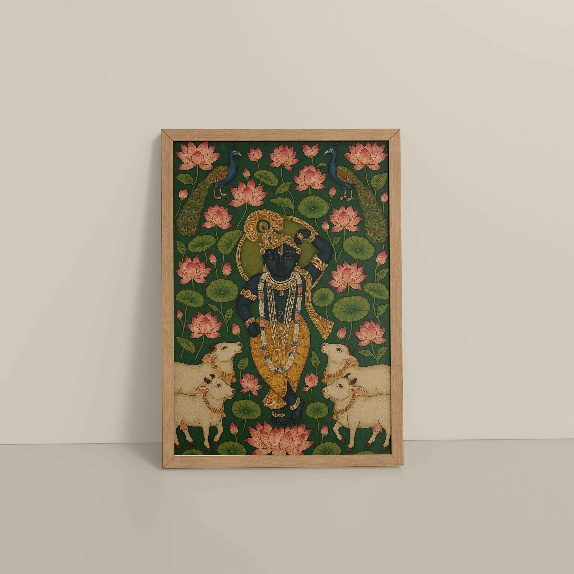 Floor View of Lotus Leela – Shrinathji in Traditional Pichwai Art in Natrual Color Frame