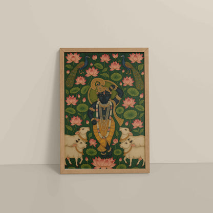 Floor View of Lotus Leela – Shrinathji in Traditional Pichwai Art in Natrual Color Frame