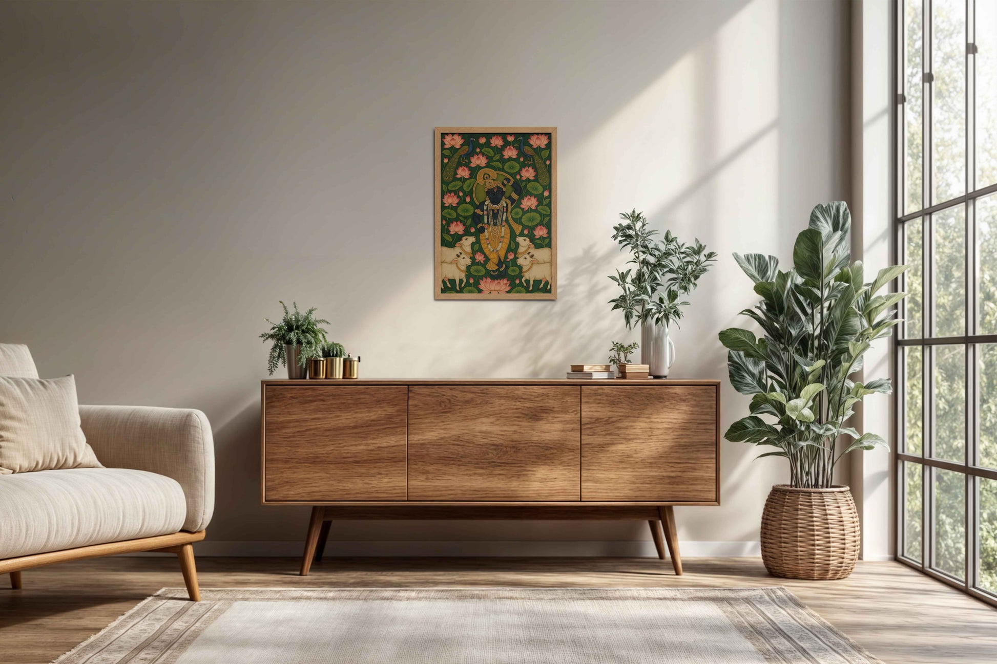 Living Room Cabinet Preview of Lotus Leela – Shrinathji in Traditional Pichwai Art in Natrual Color Frame