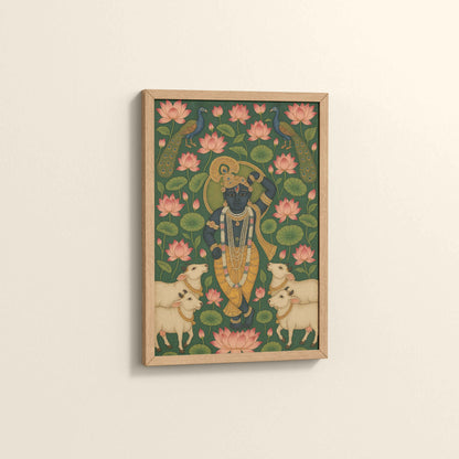 Side View of Lotus Leela – Shrinathji in Traditional Pichwai Art in Natrual Color Frame