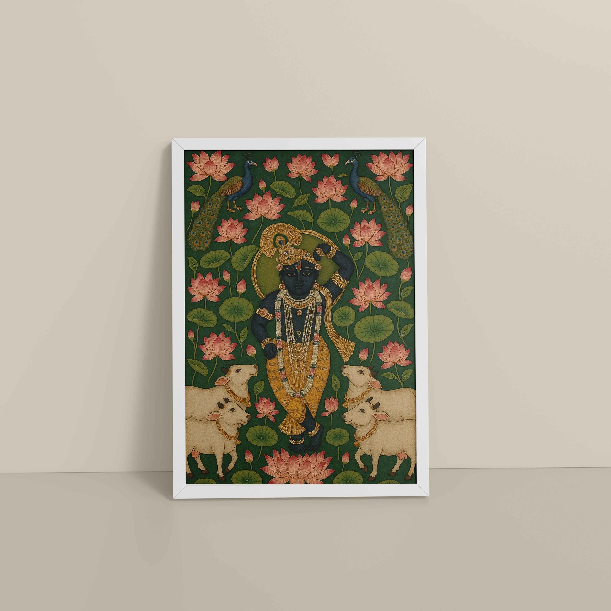 Floor View of Lotus Leela – Shrinathji in Traditional Pichwai Art in White Color Frame