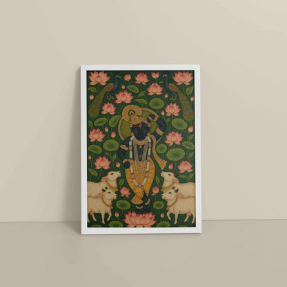 Floor View of Lotus Leela – Shrinathji in Traditional Pichwai Art in White Color Frame