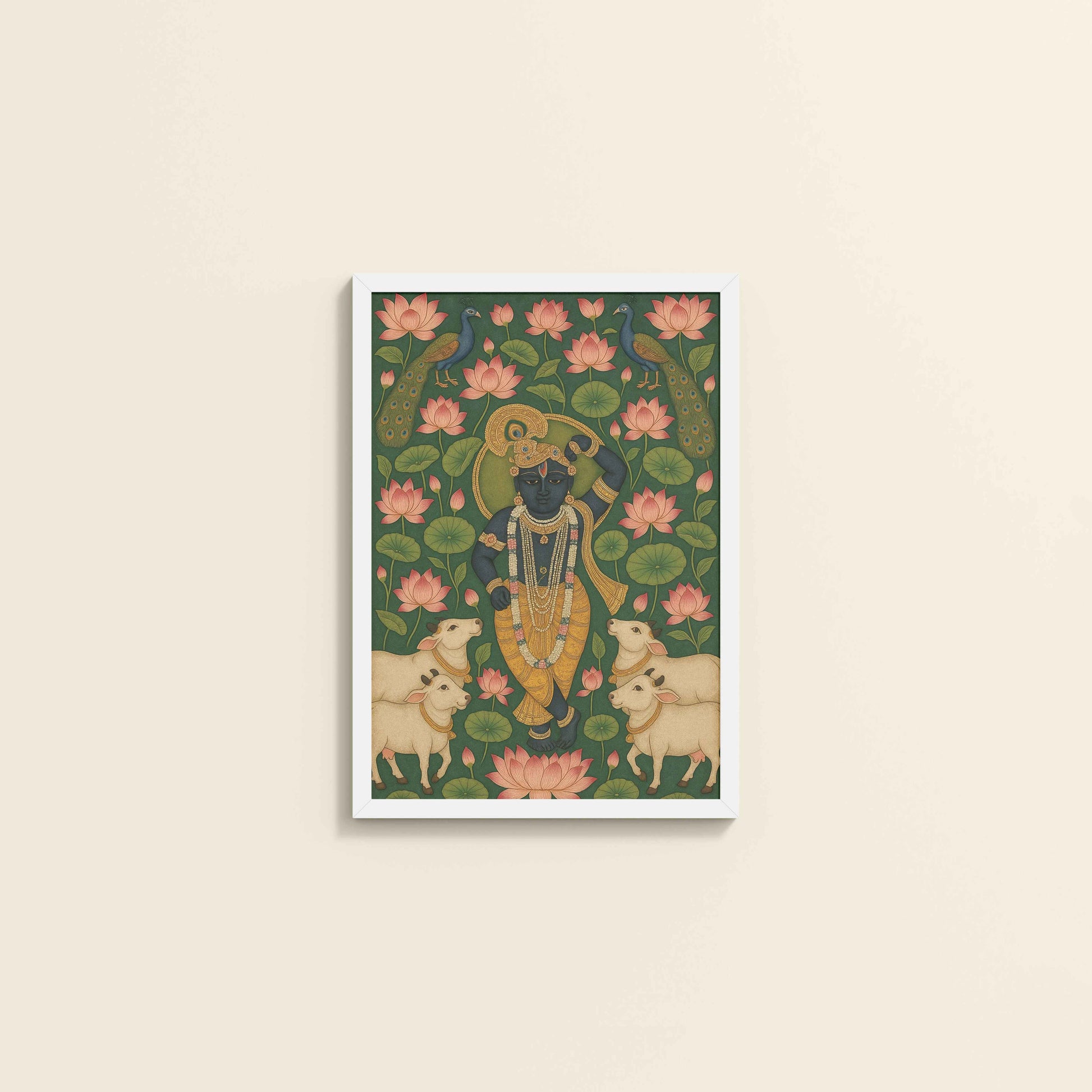 Wall View of Lotus Leela – Shrinathji in Traditional Pichwai Art in White Color Frame