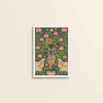 Wall View of Lotus Leela – Shrinathji in Traditional Pichwai Art in White Color Frame