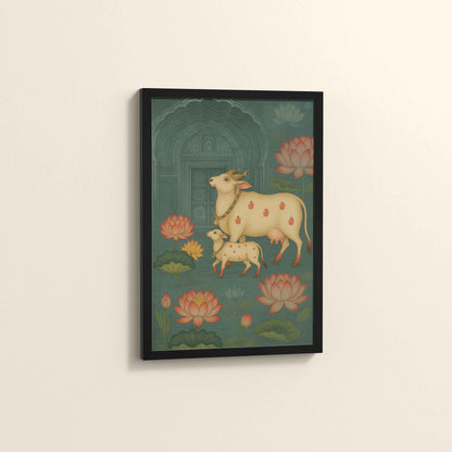 Side View of Divine Companions – Pichwai Cow Painting in Black Color Frame