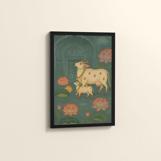 Side View of Divine Companions – Pichwai Cow Painting in Black Color Frame