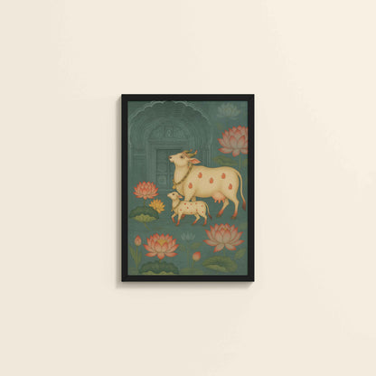 Wall View of Divine Companions – Pichwai Cow Painting in Black Color Frame