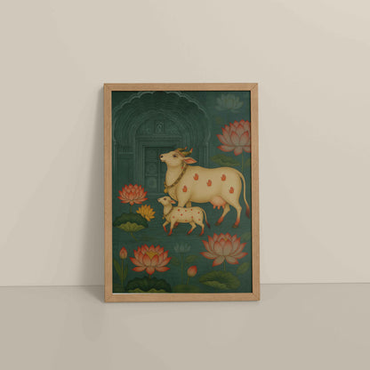 Floor View of Divine Companions – Pichwai Cow Painting in Natrual Color Frame