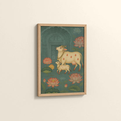 Side View of Divine Companions – Pichwai Cow Painting in Natrual Color Frame