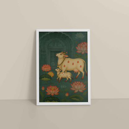Floor View of Divine Companions – Pichwai Cow Painting in White Color Frame