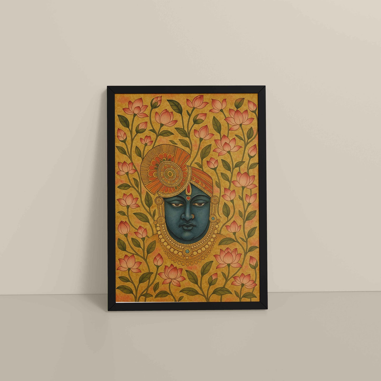 Floor View of Grace in Bloom – Shrinathji with Lotus Pichwai Art in Black Color Frame