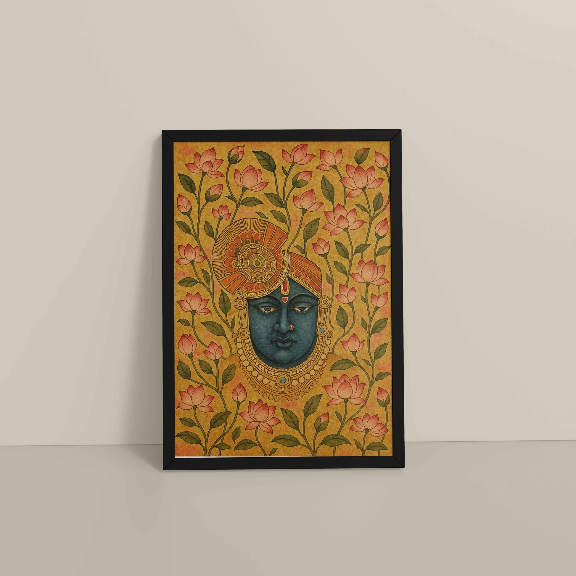 Floor View of Grace in Bloom – Shrinathji with Lotus Pichwai Art in Black Color Frame