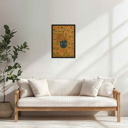 Living Room Cabinet Table Preview of Grace in Bloom – Shrinathji with Lotus Pichwai Art in Black Color Frame