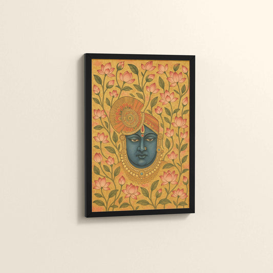 Side View of Grace in Bloom – Shrinathji with Lotus Pichwai Art in Black Color Frame