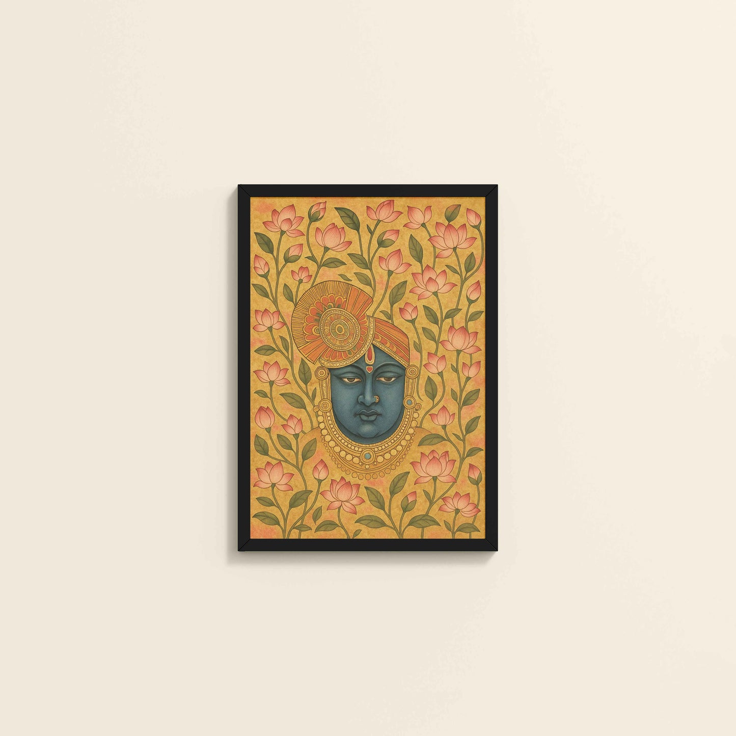 Wall View of Grace in Bloom – Shrinathji with Lotus Pichwai Art in Black Color Frame
