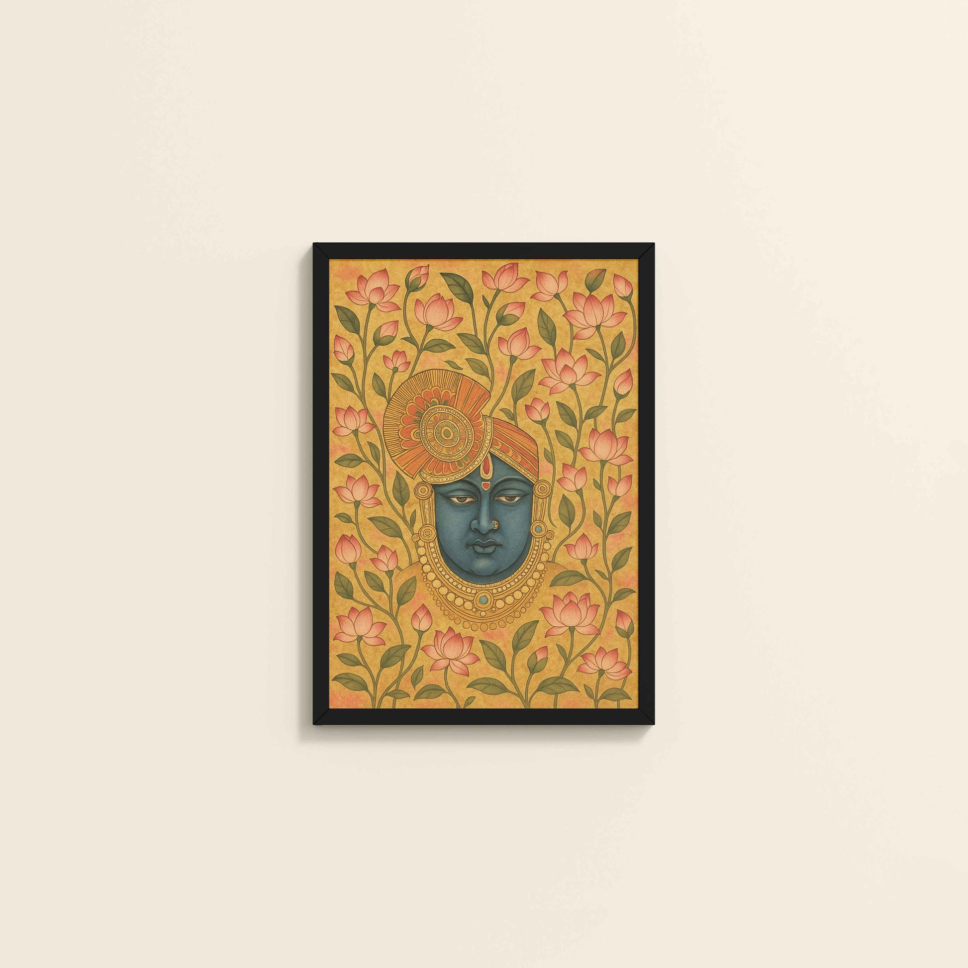 Wall View of Grace in Bloom – Shrinathji with Lotus Pichwai Art in Black Color Frame