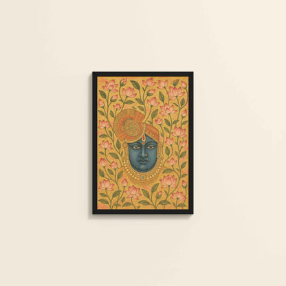 Wall View of Grace in Bloom – Shrinathji with Lotus Pichwai Art in Black Color Frame