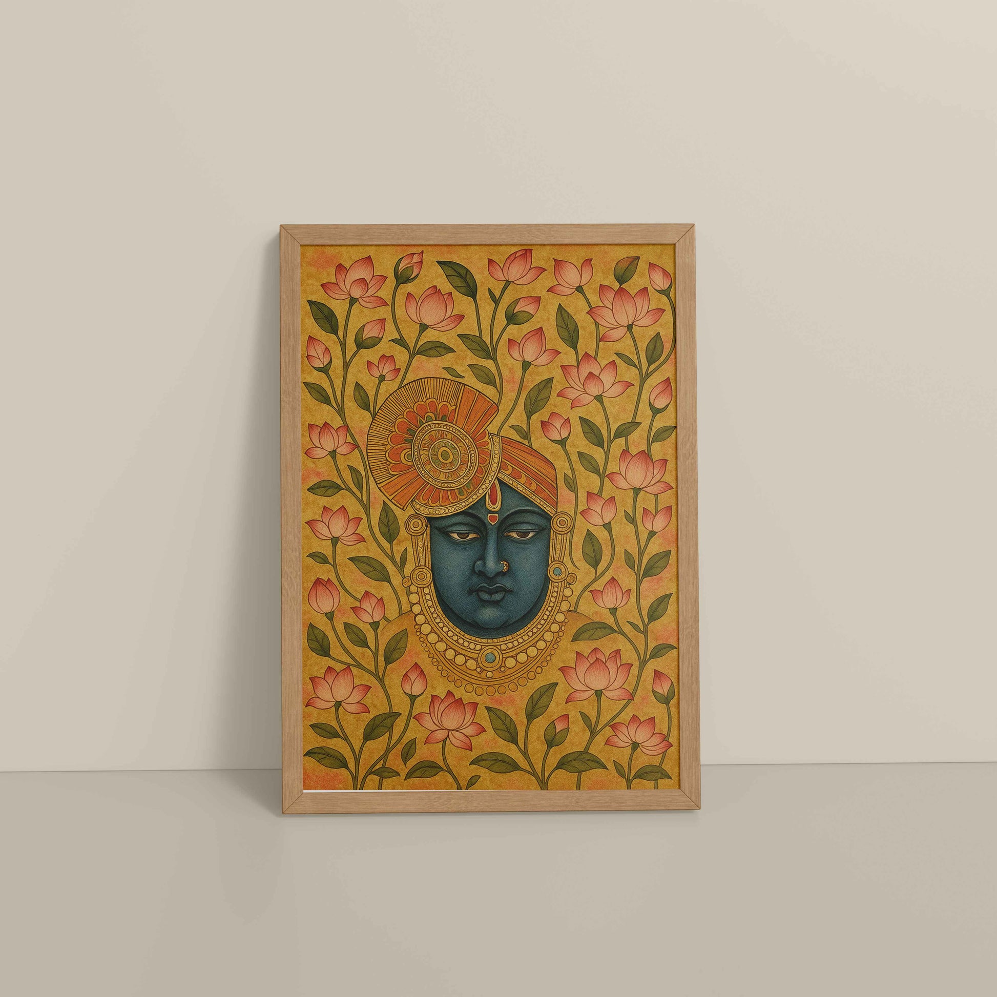 Floor View of Grace in Bloom – Shrinathji with Lotus Pichwai Art in Natrual Color Frame