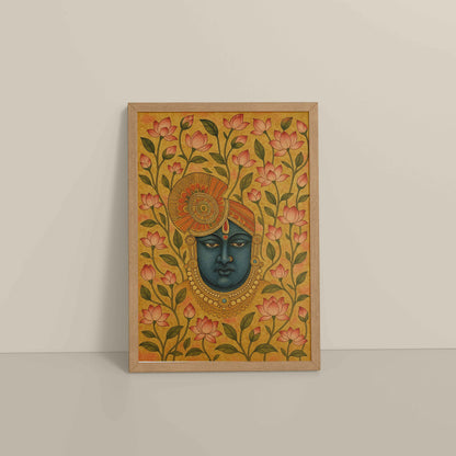 Floor View of Grace in Bloom – Shrinathji with Lotus Pichwai Art in Natrual Color Frame