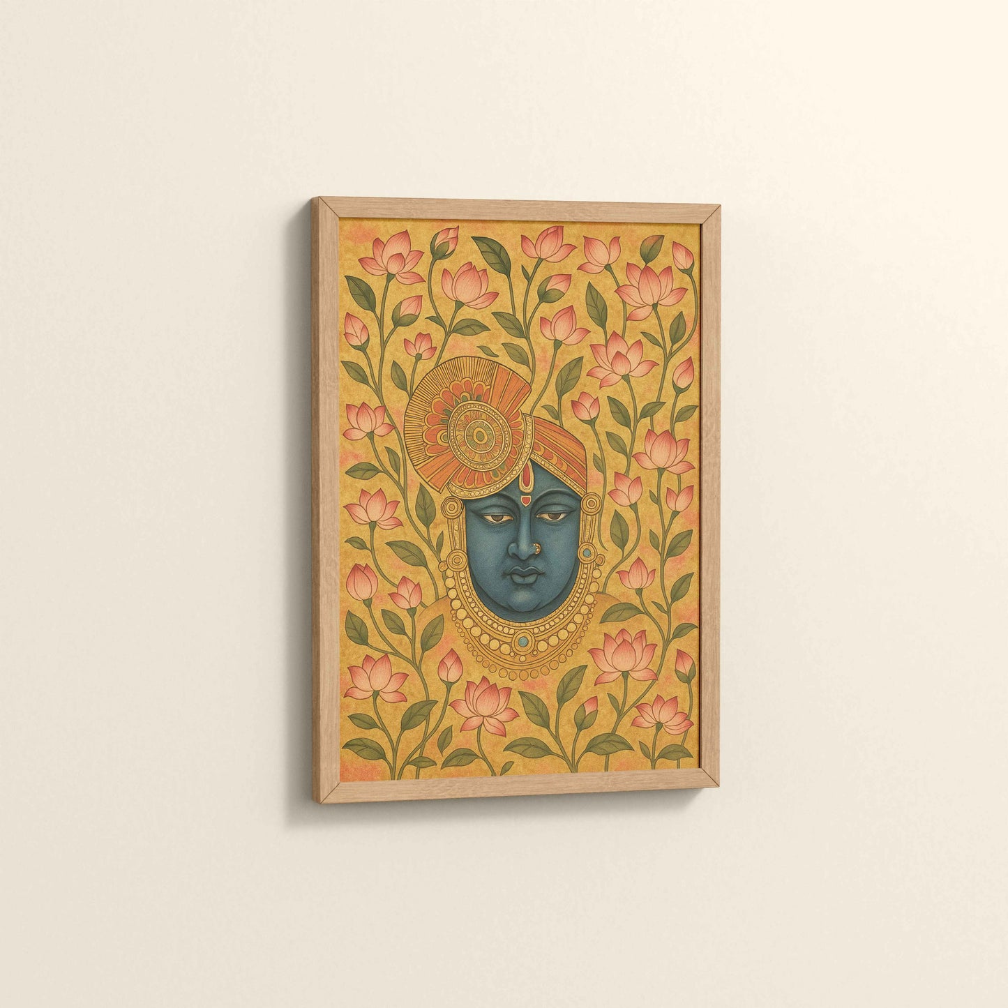 Side View of Grace in Bloom – Shrinathji with Lotus Pichwai Art in Natrual Color Frame