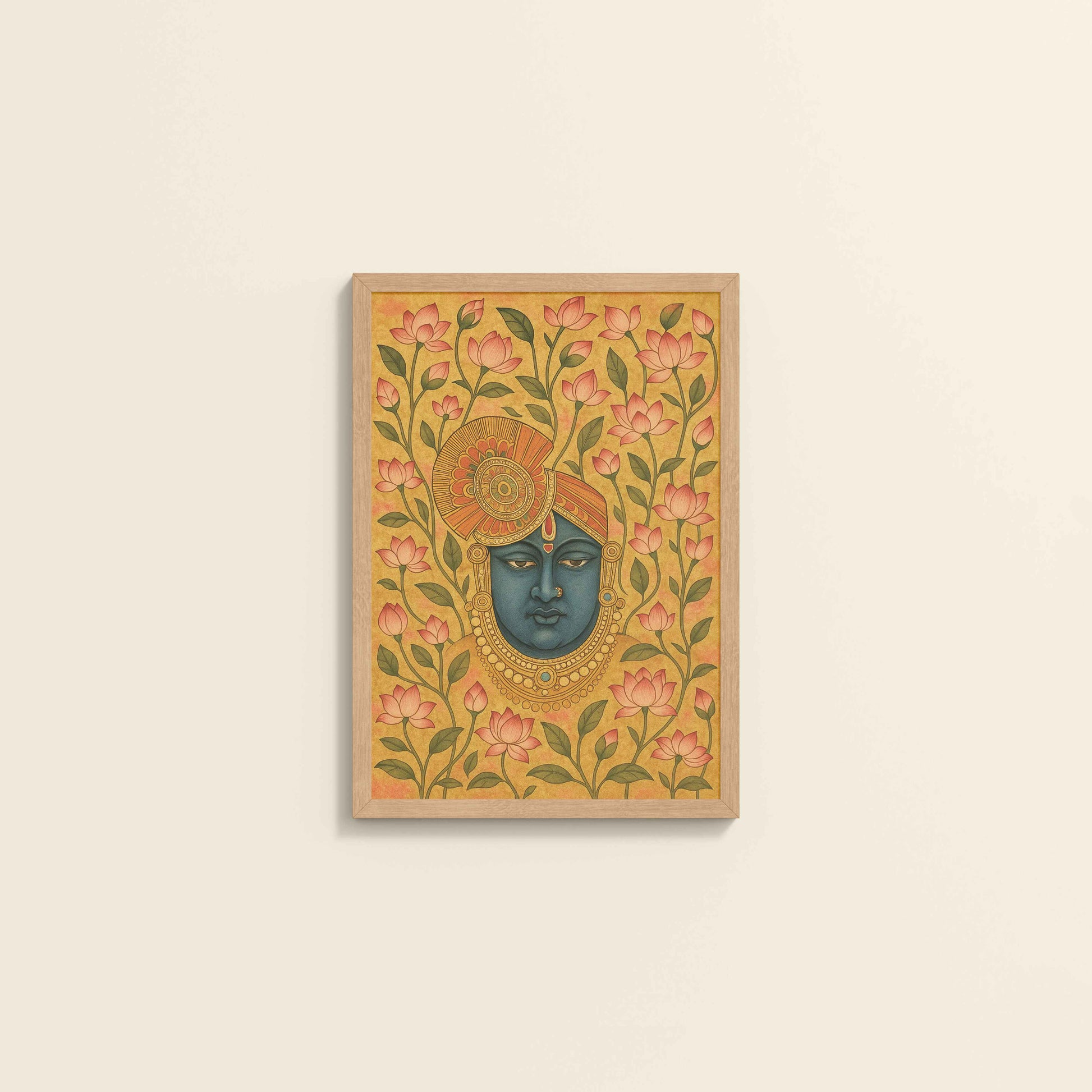 Wall View of Grace in Bloom – Shrinathji with Lotus Pichwai Art in Natrual Color Frame