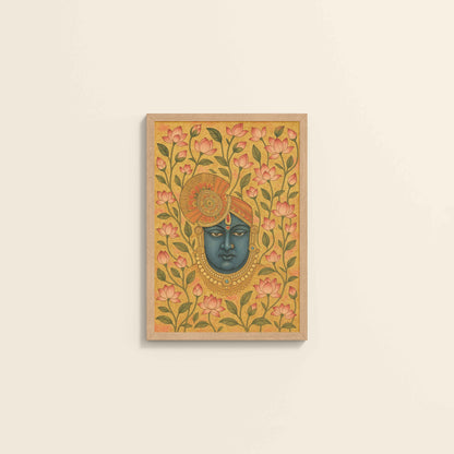 Wall View of Grace in Bloom – Shrinathji with Lotus Pichwai Art in Natrual Color Frame