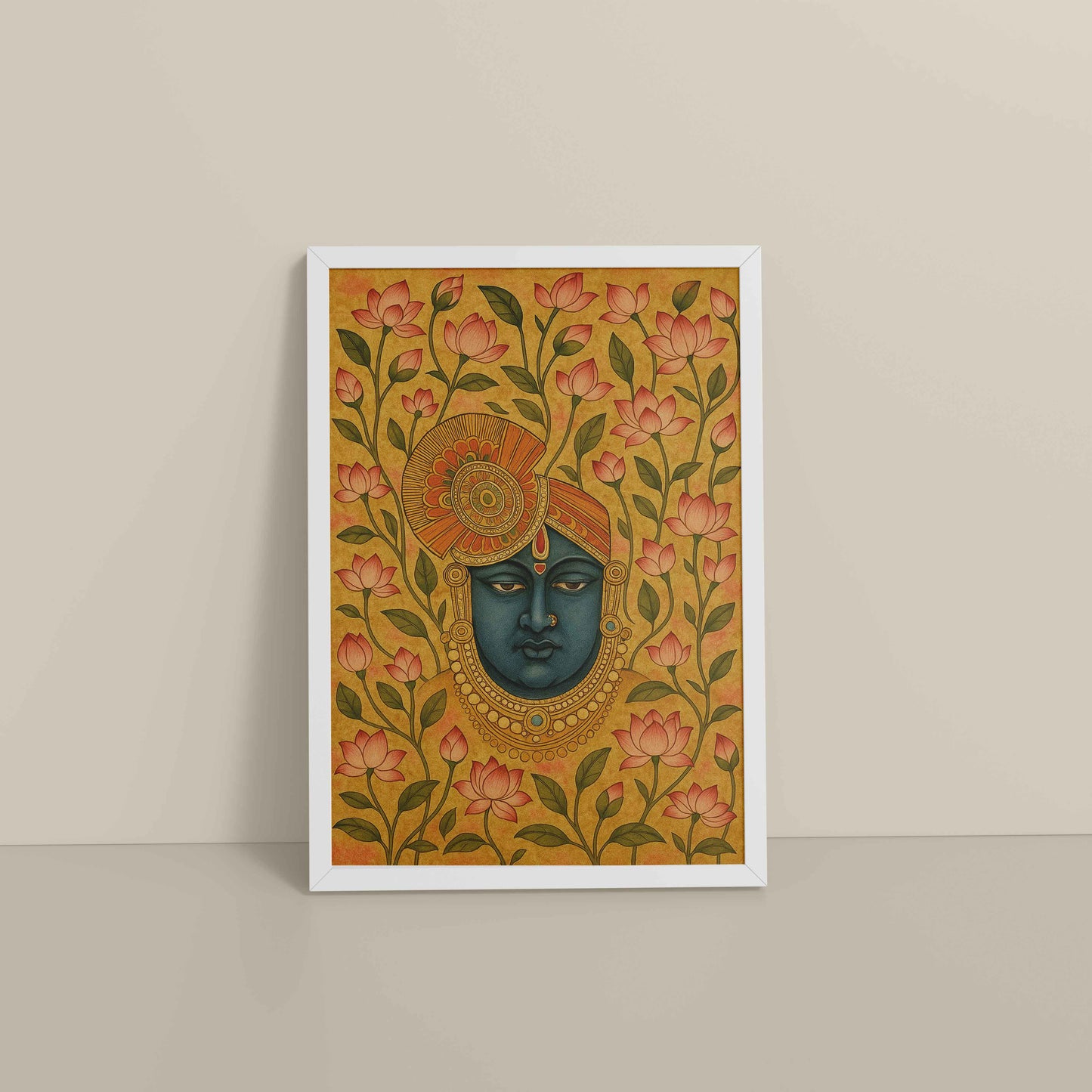 Floor View of Grace in Bloom – Shrinathji with Lotus Pichwai Art in White Color Frame