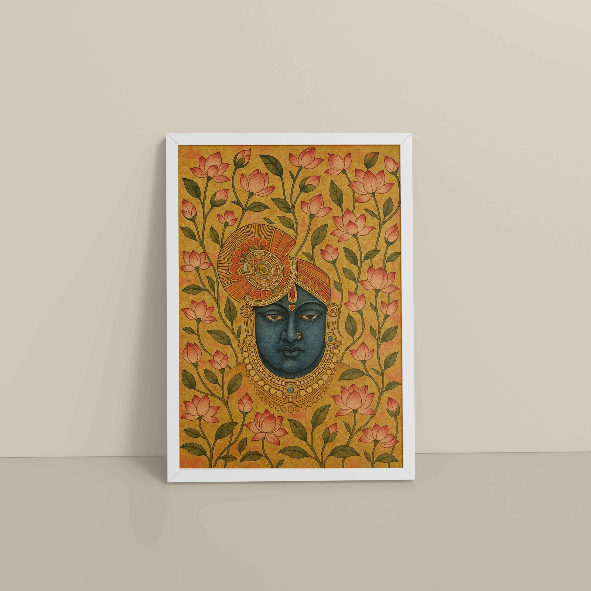 Floor View of Grace in Bloom – Shrinathji with Lotus Pichwai Art in White Color Frame