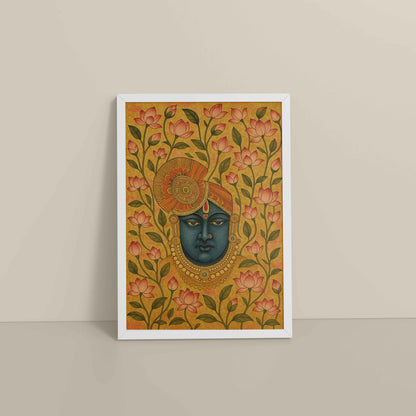 Floor View of Grace in Bloom – Shrinathji with Lotus Pichwai Art in White Color Frame