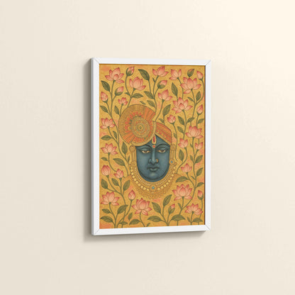 Side View of Grace in Bloom – Shrinathji with Lotus Pichwai Art in White Color Frame